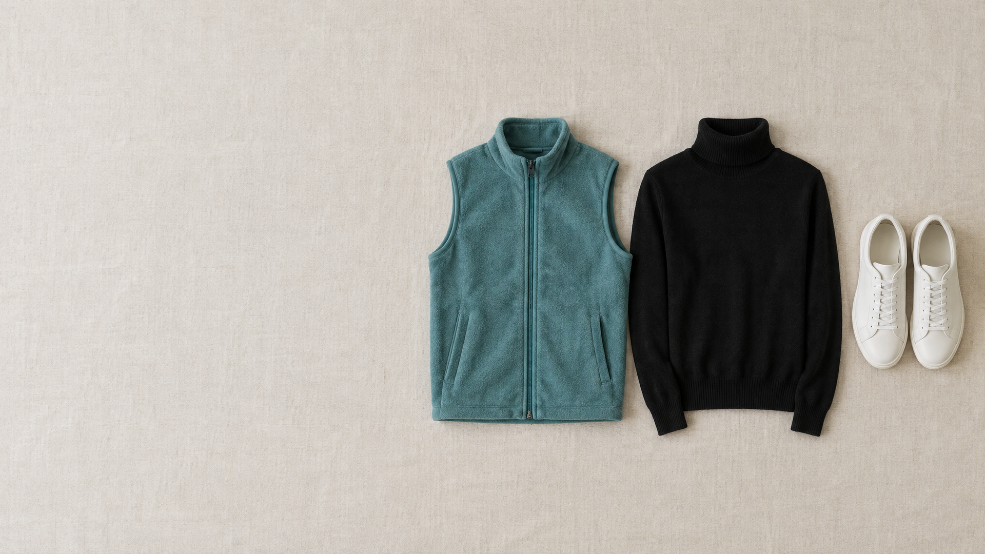 A teal fleece vest, black turtleneck and white sneakers for Runway to 2027’s Founder Formal theme.